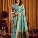Sky Blue Colour Katha Work Modal Saree full look