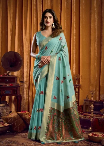 Sky Blue Colour Katha Work Modal Saree full look