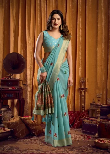 Buy Rajwadi saree 10 Sky Blue Colour Katha Work Modal Saree front look