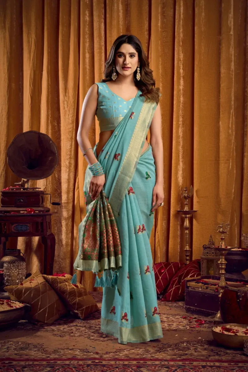 Sky Blue Colour Katha Work Modal Saree front look