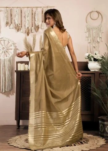 Light Brown Colour Khadi Cotton Saree with Brocade Blouse back side pallu look