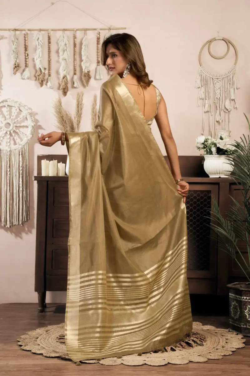 Light Brown Colour Khadi Cotton Saree with Brocade Blouse back side pallu look
