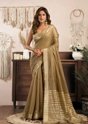 Light Brown Colour Khadi Cotton Saree with Brocade Blouse front look