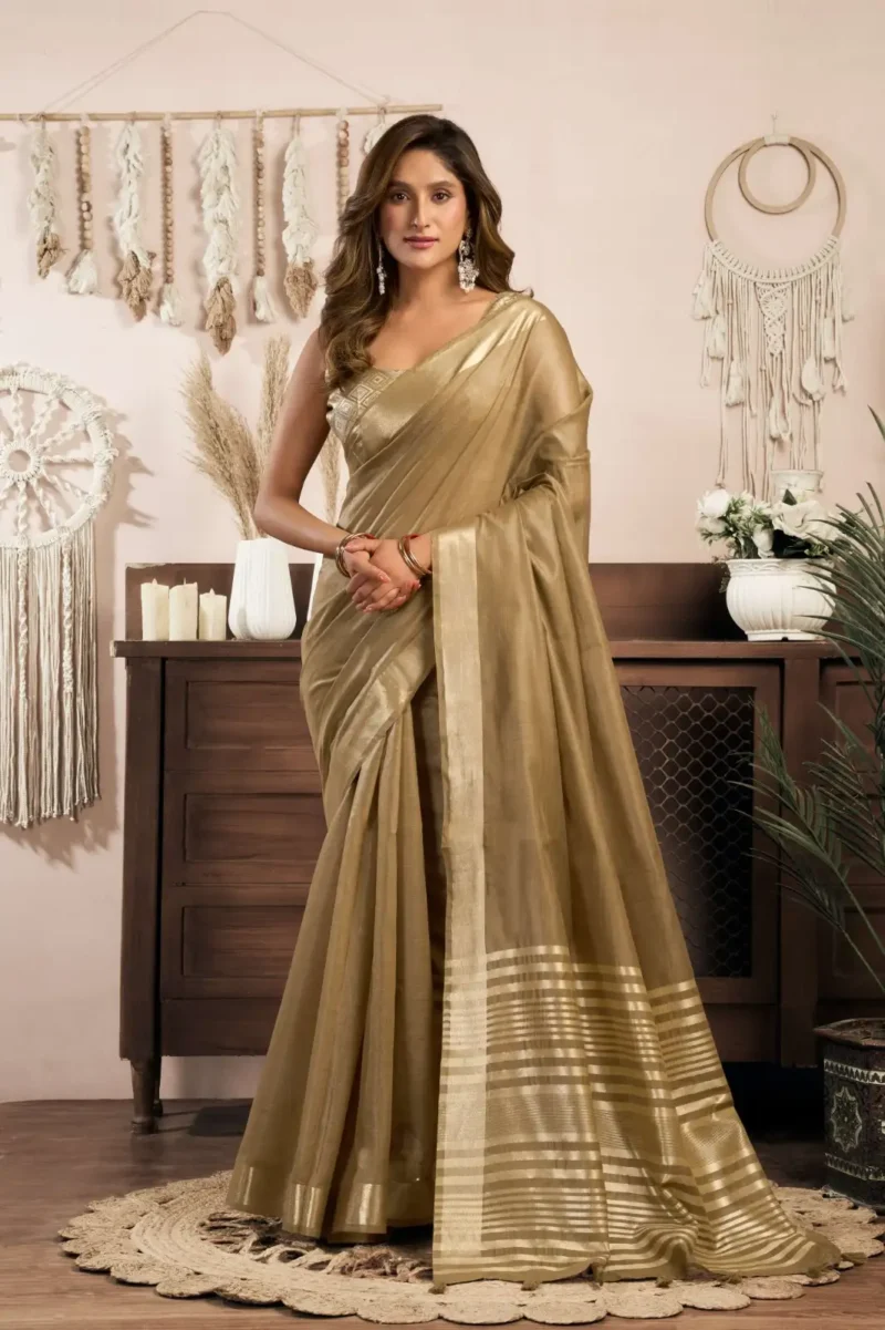 Light Brown Colour Khadi Cotton Saree with Brocade Blouse front look