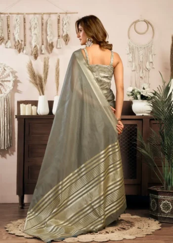 Grey Colour Khadi Cotton Saree with Brocade Blouse back side look