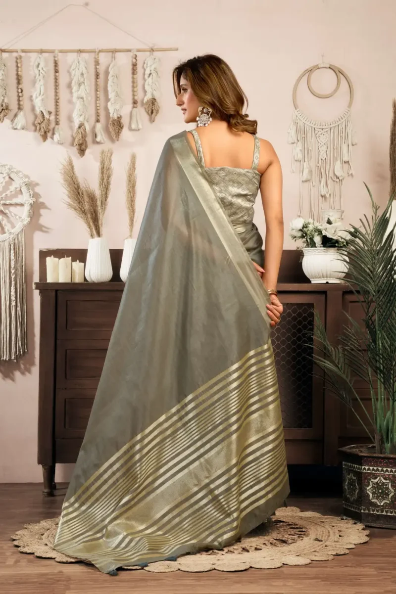 Grey Colour Khadi Cotton Saree with Brocade Blouse back side look