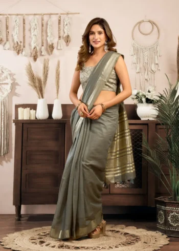 Grey Colour Khadi Cotton Saree with Brocade Blouse front look