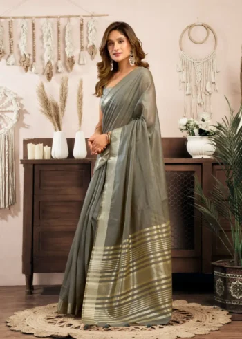 Grey Colour Khadi Cotton Saree with Brocade Blouse side look