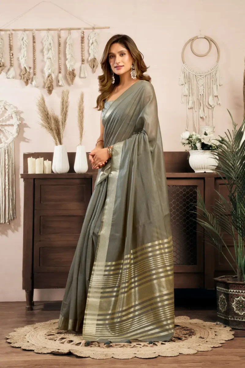 Grey Colour Khadi Cotton Saree with Brocade Blouse side look