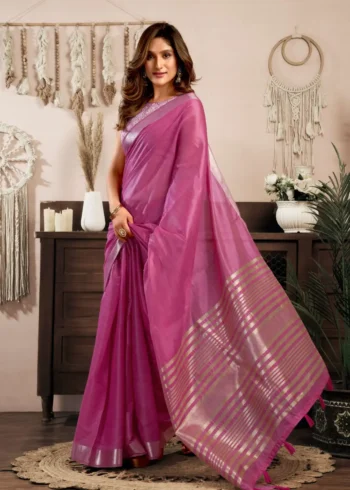 Pink Colour Khadi Cotton Saree with Brocade Blouse side pallu look