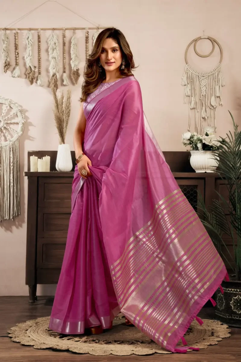 Pink Colour Khadi Cotton Saree with Brocade Blouse side pallu look