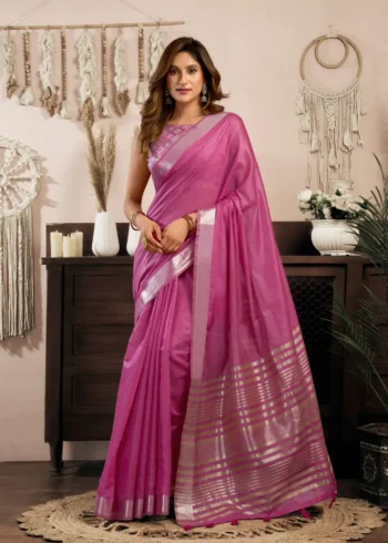 Pink Colour Khadi Cotton Saree with Brocade Blouse front look