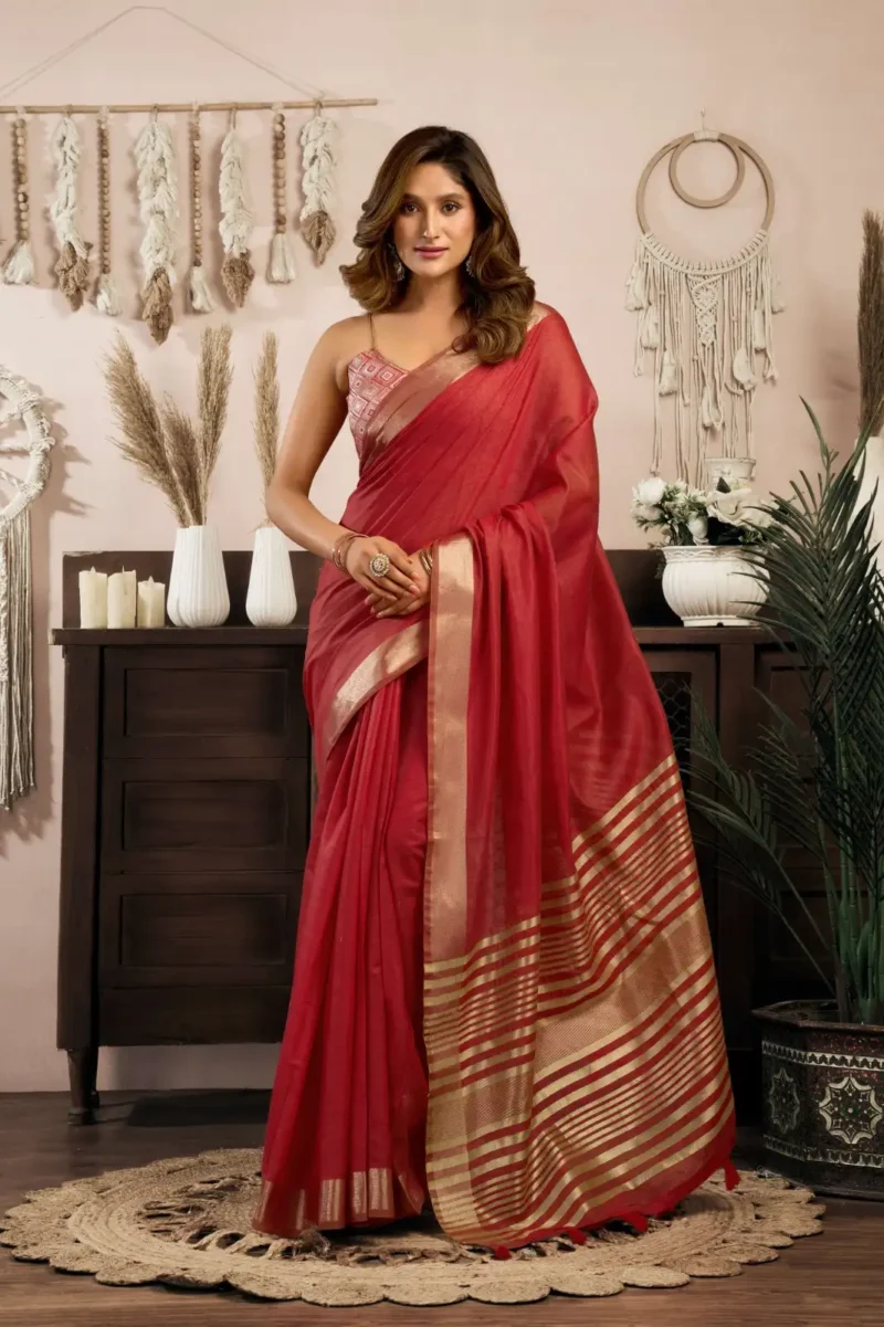 Red Colour Khadi Cotton Saree with Brocade Blouse front look