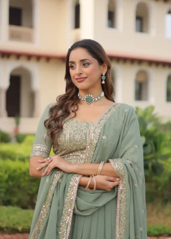 Misty Sea Green Georgette Bridesmaid Lehenga close