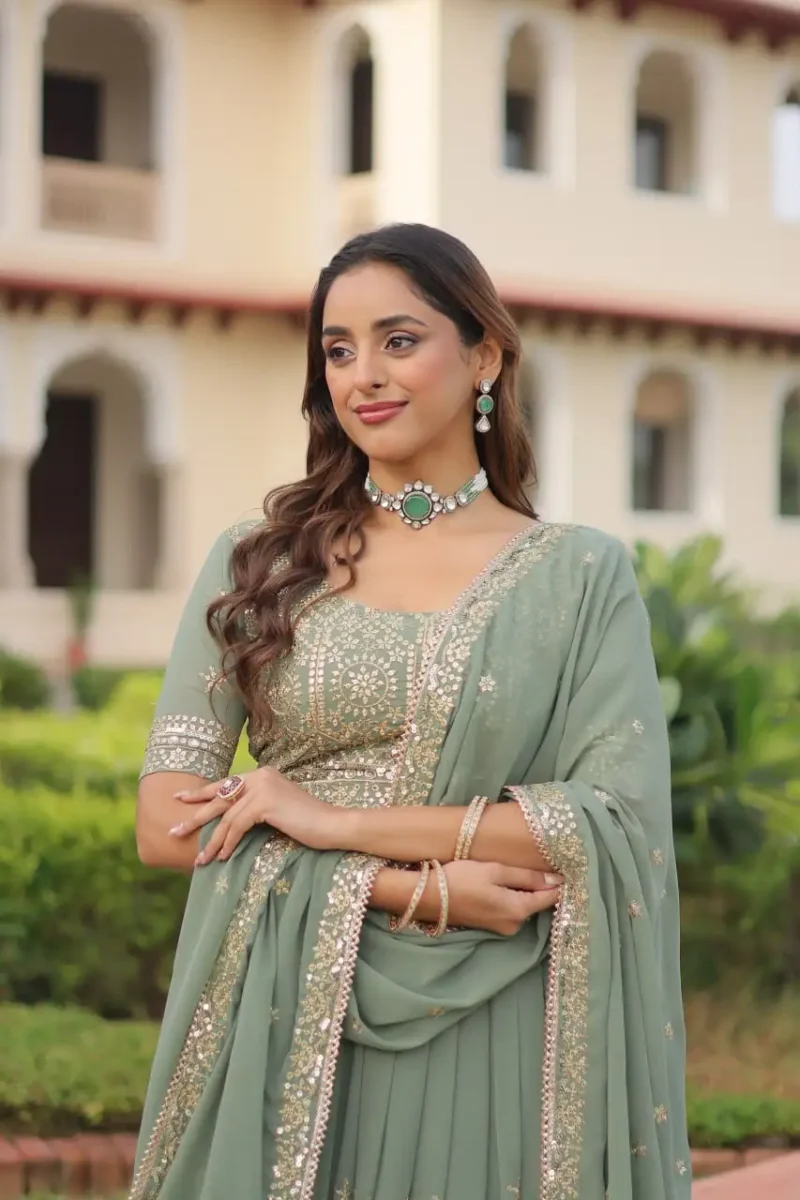 Misty Sea Green Georgette Bridesmaid Lehenga close