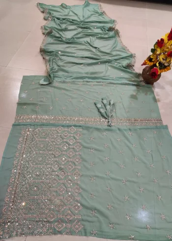 Misty Sea Green Georgette Bridesmaid Lehenga blouse close details