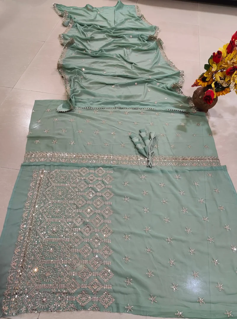 Misty Sea Green Georgette Bridesmaid Lehenga blouse close details