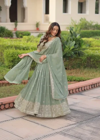Misty Sea Green Georgette Bridesmaid Lehenga flair look