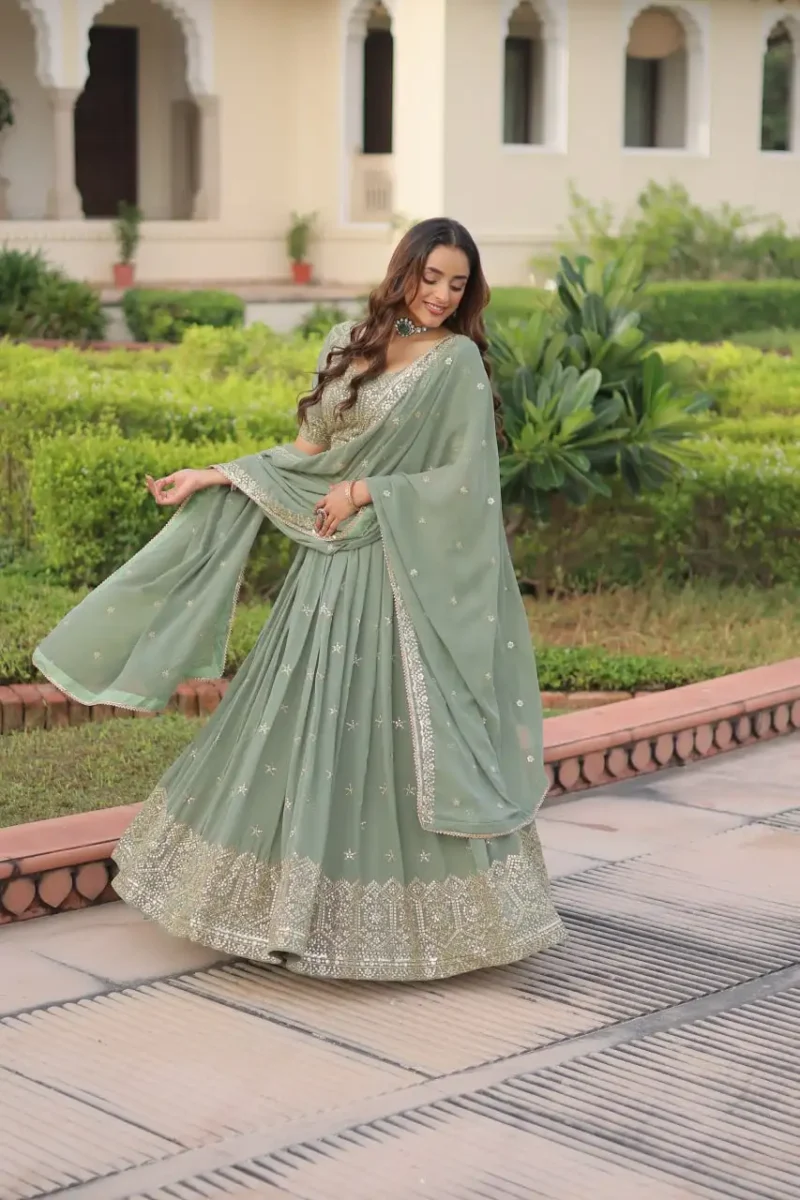 Misty Sea Green Georgette Bridesmaid Lehenga flair look