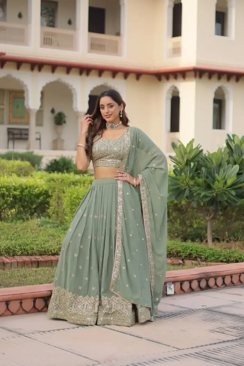 Misty Sea Green Georgette Bridesmaid Lehenga front look