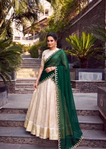 Off White Jacquard Half Saree Lehenga with Green dupatta front look