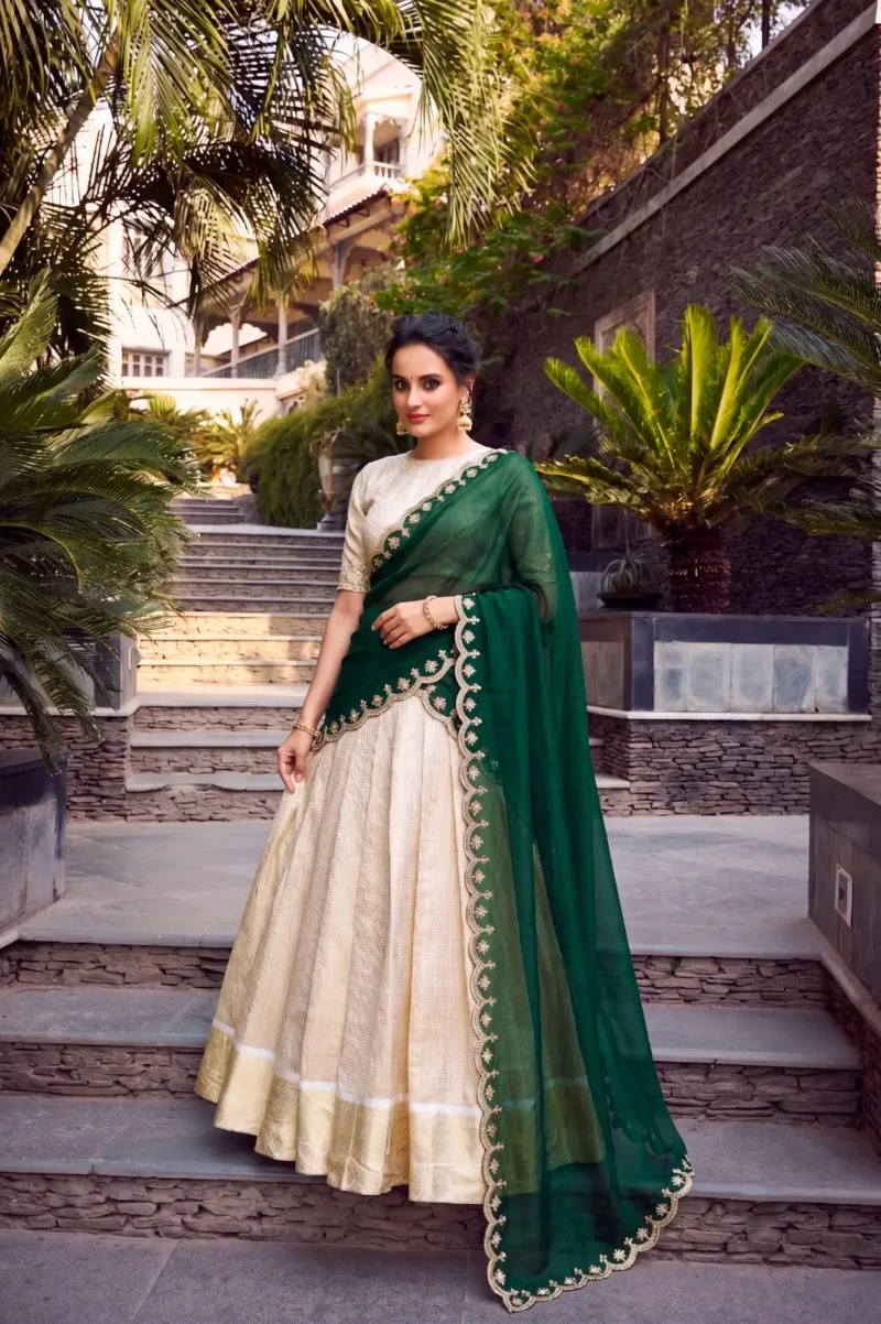 Off White Jacquard Half Saree Lehenga with Green dupatta front look