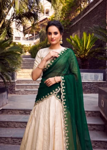 Off White Jacquard Half Saree Lehenga with Green dupatta close