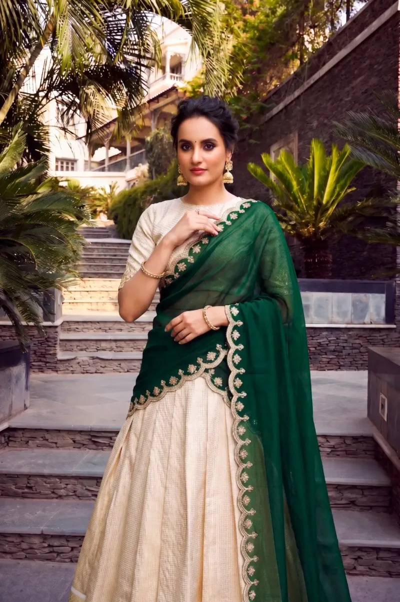 Off White Jacquard Half Saree Lehenga with Green dupatta close