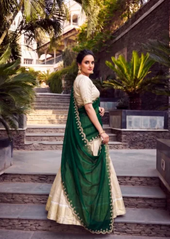 Off White Jacquard Half Saree Lehenga with Green dupatta side look