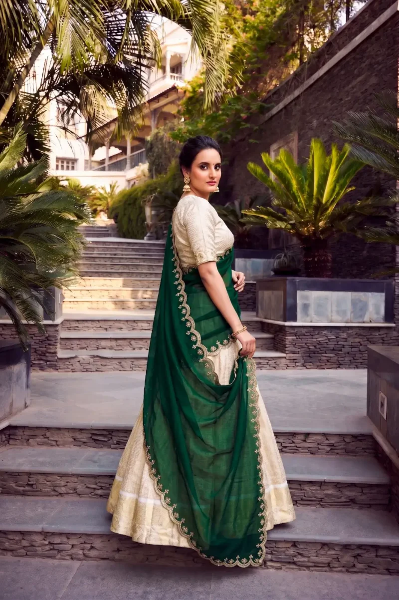 Off White Jacquard Half Saree Lehenga with Green dupatta side look