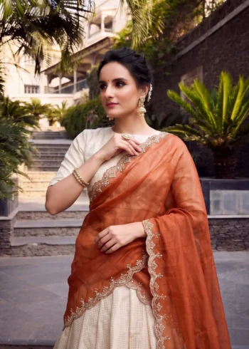Off White Jacquard Half Saree Lehenga with Orange dupatta close