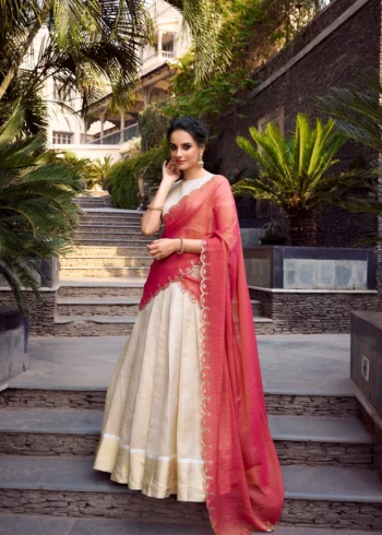 Off White Jacquard Half Saree Lehenga with pink dupatta front