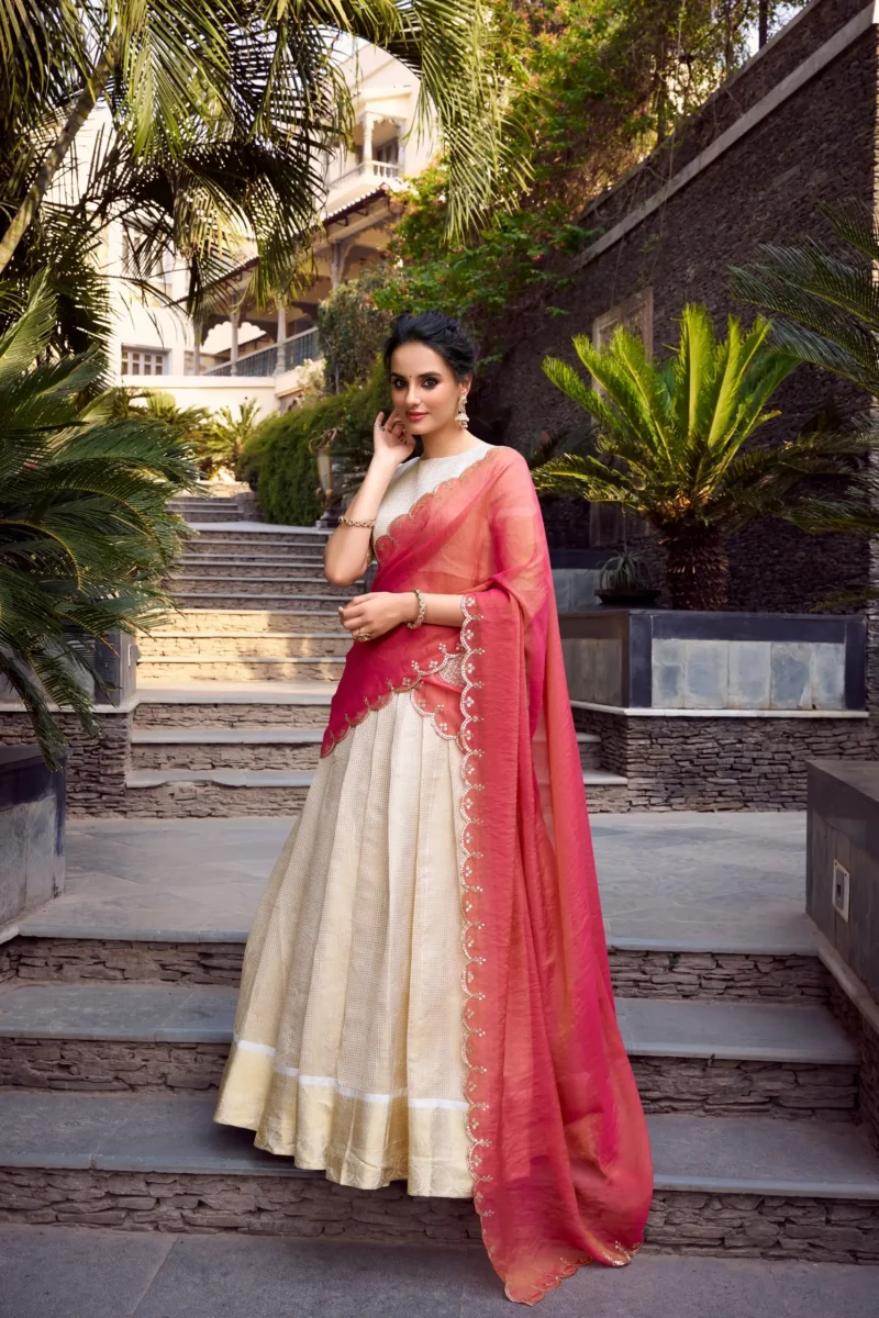 Off White Jacquard Half Saree Lehenga with pink dupatta front