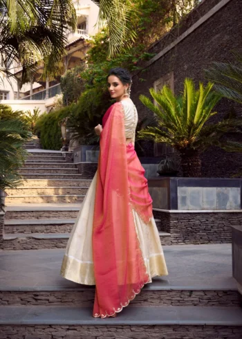 Off White Jacquard Half Saree Lehenga with pink dupatta back look