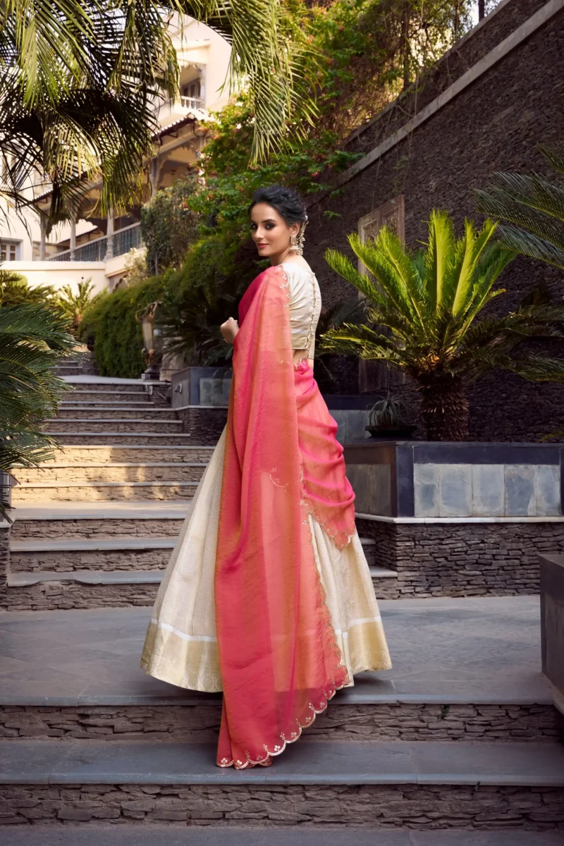 Off White Jacquard Half Saree Lehenga with pink dupatta back look