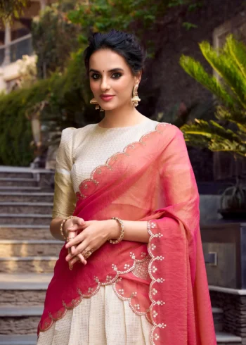 Off White Jacquard Half Saree Lehenga with pink dupatta