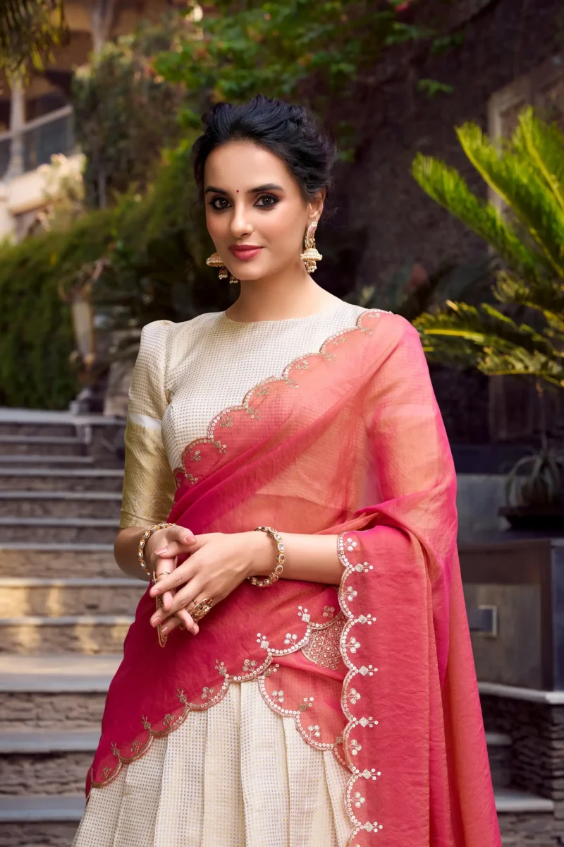 Off White Jacquard Half Saree Lehenga with pink dupatta