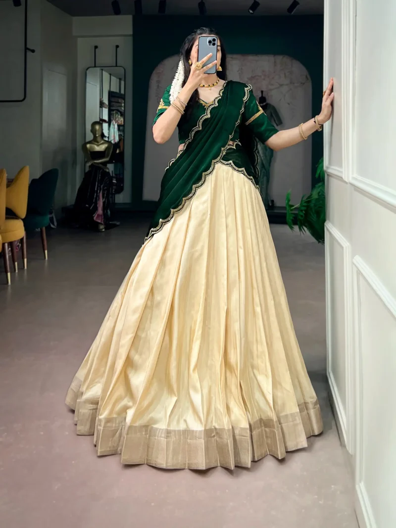 Off White Kerala Half Saree Lehenga with green dupatta front