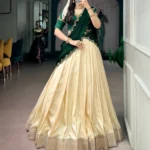 Off White Kerala Half Saree Lehenga with green dupatta