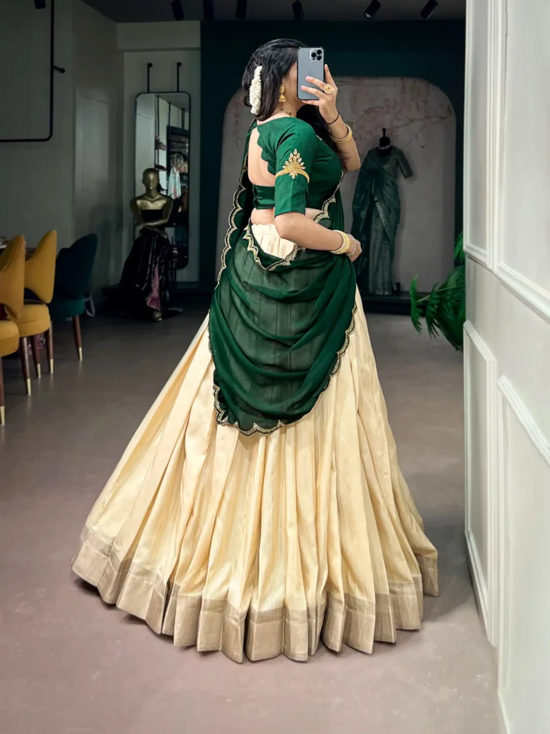 Off White Kerala Half Saree Lehenga with green dupatta back view