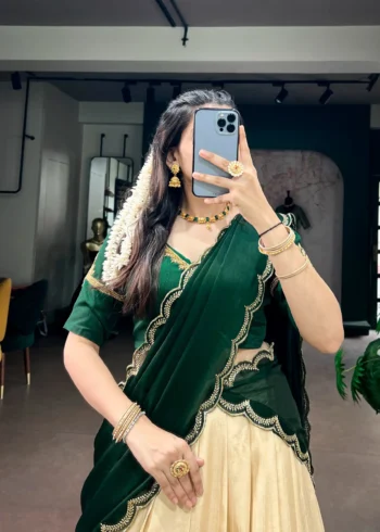 Off White Kerala Half Saree Lehenga with green dupatta close view