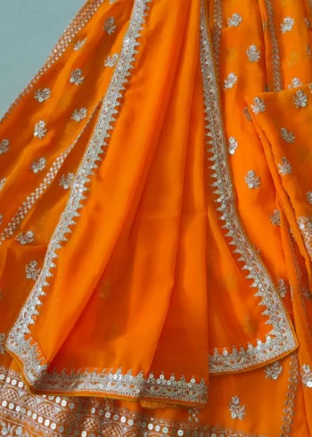 Orange Colour Georgette Haldi Lehenga close work details