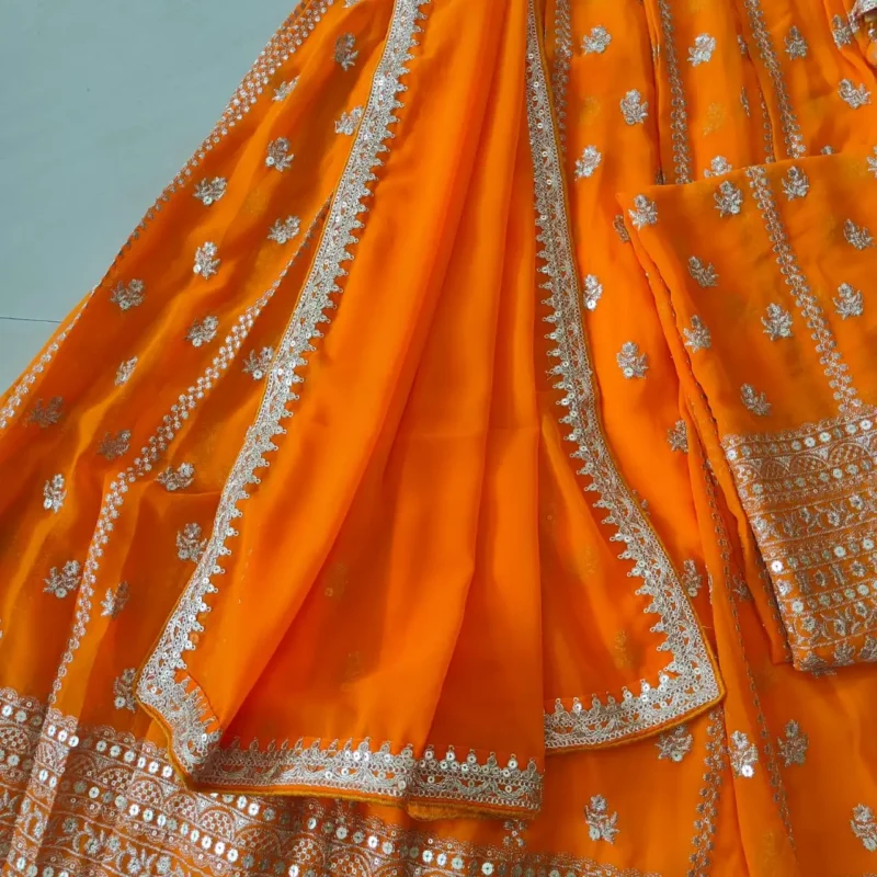 Orange Colour Georgette Haldi Lehenga close work details
