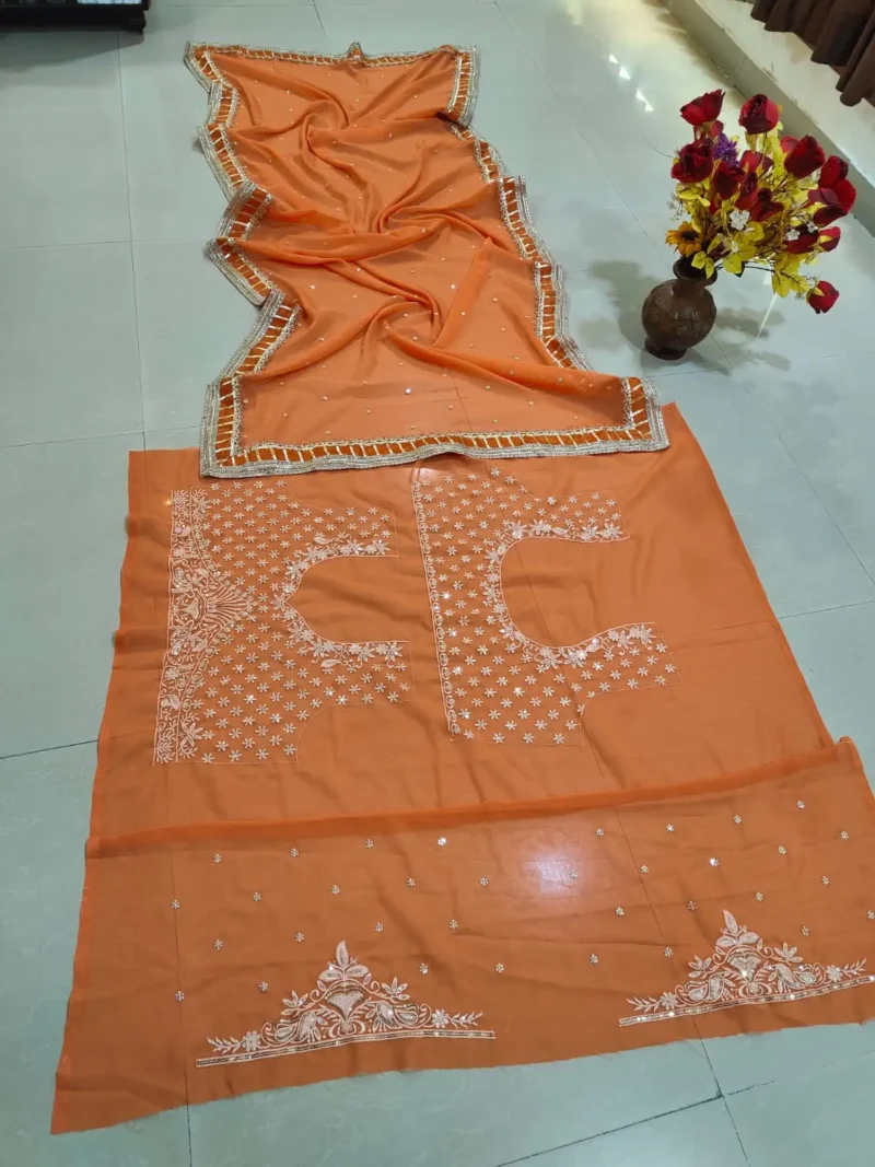 Orange Colour Georgette Wedding Lehenga blouse work details
