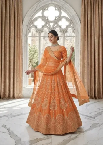 Orange Colour Georgette Wedding Lehenga front