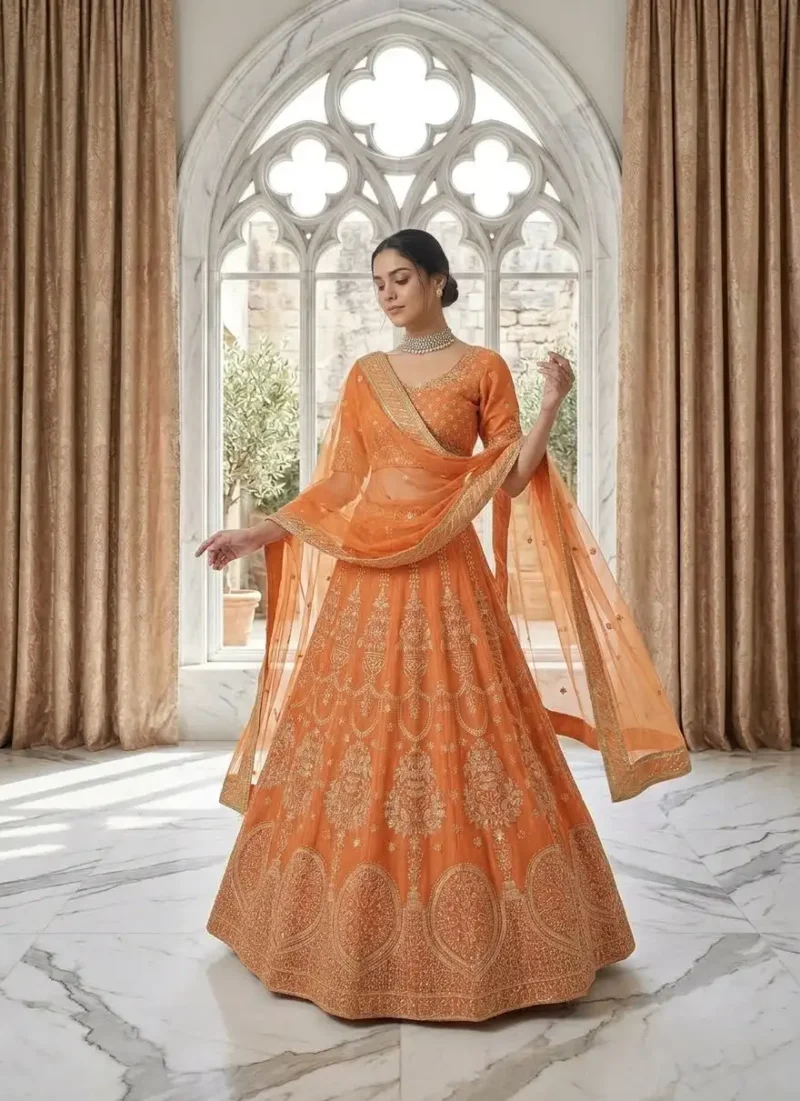 Orange Colour Georgette Wedding Lehenga front