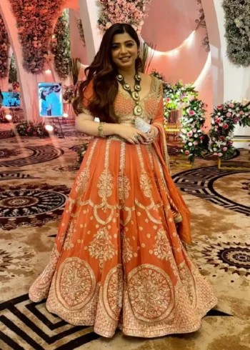 Orange Colour Georgette Wedding Lehenga real look