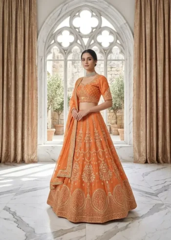 Orange Colour Georgette Wedding Lehenga front look