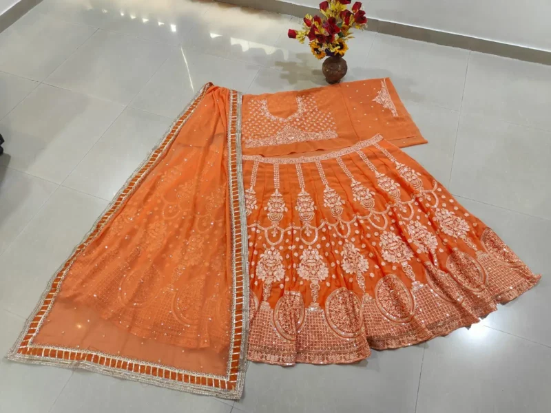 Orange Colour Georgette Wedding Lehenga real product