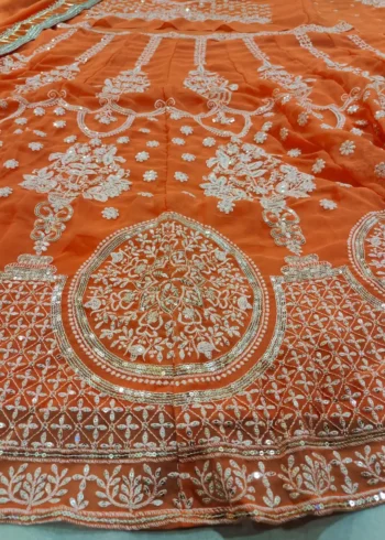 Orange Colour Georgette Wedding Lehenga close work details